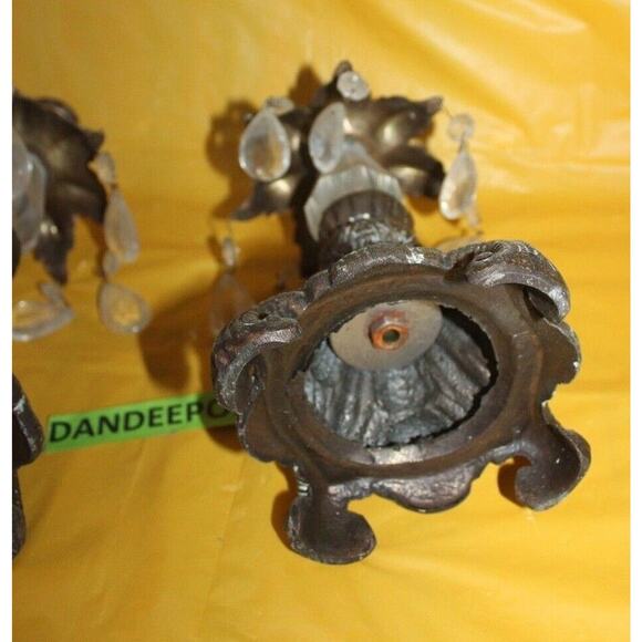 Vintage Pair Of Cast Metal Teardrop Crystals And Prizm Candle Stick Holders - Picture 6 of 12